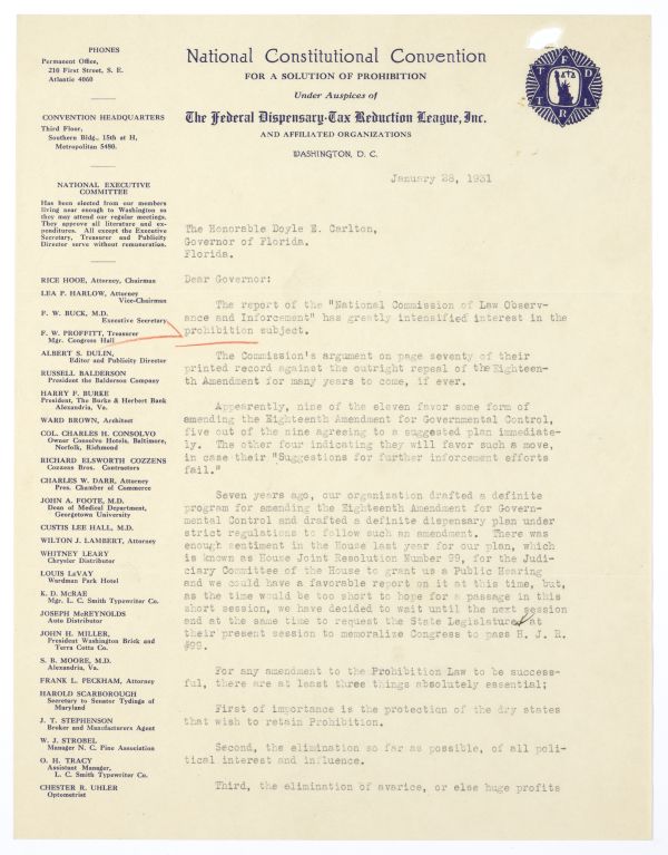 Letter from F.W. Buck to Doyle Carlton Regarding a Plan for Amending the 18th Amendment, January 28, 1931