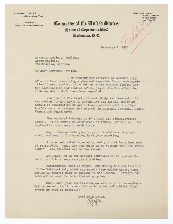 Letter from Congressman Emanuel Celler of New York to Governor Doyle Carlton Regarding Prohibition, December 7, 1932