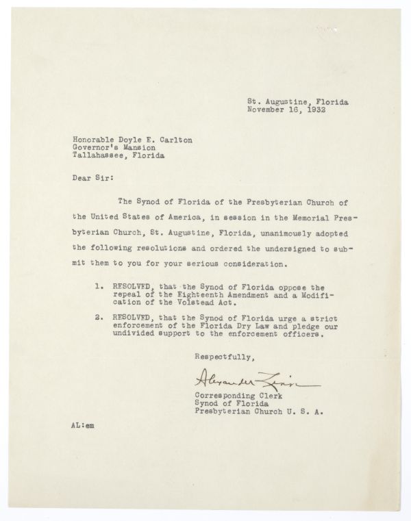 Letter from Alexander Zinn to Governor Doyle Carlton Enclosing Resolutions from the Florida Synod of the Episcopal Church Regarding Prohibition, November 16, 1932