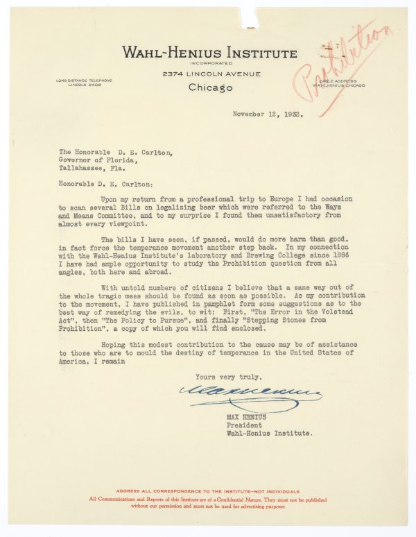 Letter from Max Henius to Governor Doyle Carlton Regarding Prohibition, November 12, 1932