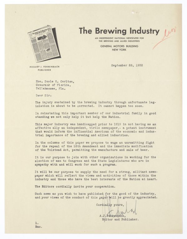 Letter from August J. Fehrenbach to Governor Doyle Carlton Regarding the Repeal of the 18th Amendment and Modification of the Volstead Act, September 28, 1932