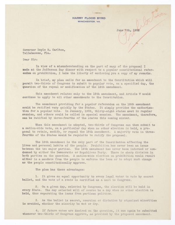 Letter from Harry Flood Byrd to Governor Doyle Carlton Regarding Prohibition, June 7, 1932