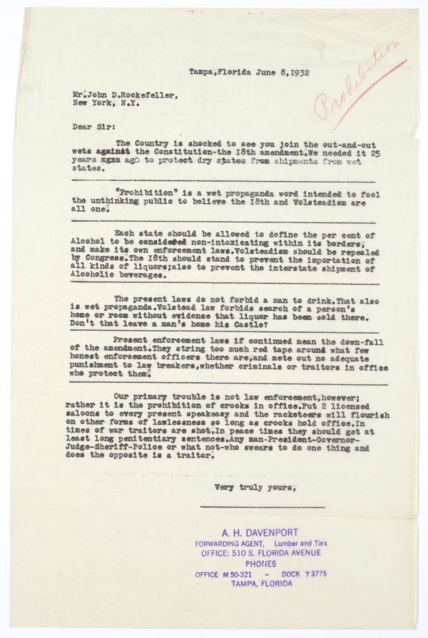 Letter from A.H. Davenport to John D. Rockefeller Regarding Prohibition, June 8, 1932