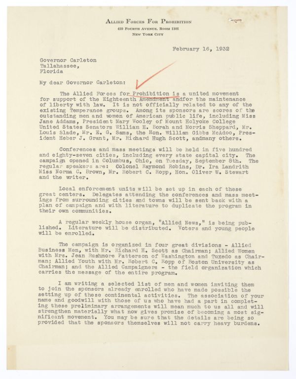 Letter from Daniel A. Poling to Governor Doyle Carlton Regarding a New Organization Called the Allied Forces for Prohibition, February 16, 1932