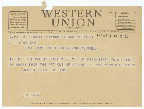 Telegram from John F. Dowd of Time Magazine to Governor Millard Caldwell, March 14, 1947