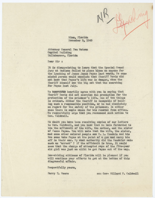 Letter from Harry Tyson Moore to Tom Watson Regarding Lynching of Jesse James Payne, November 3, 1945