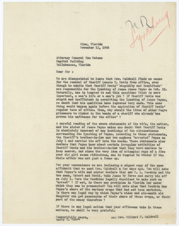 Letter from Harry Tyson Moore to Tom Watson Regarding Lynching of Jesse James Payne, November 11, 1945