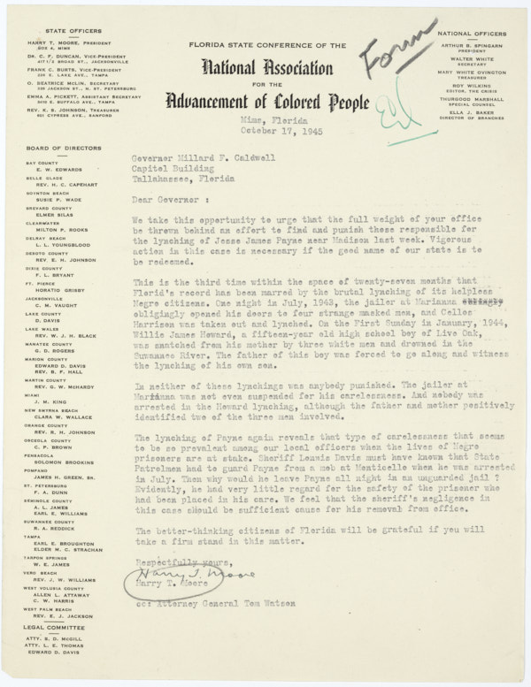 Correspondence Between Harry T. Moore and Governor Millard Caldwell Regarding Lynching of Jesse James Payne, 1945