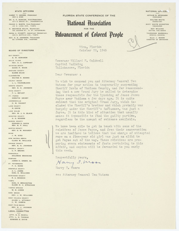 Correspondence Between Harry T. Moore and Governor Millard Caldwell Regarding Lynching of Jesse James Payne, 1945