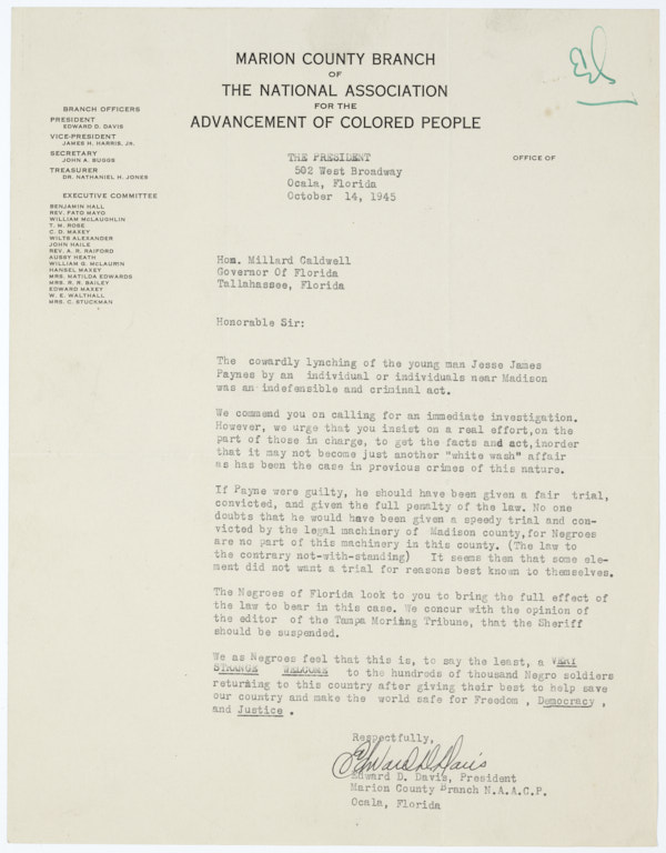 Letter from Edward Daniel Davis to Governor Millard Caldwell Regarding Lynching of Jesse James Payne, October 14, 1945