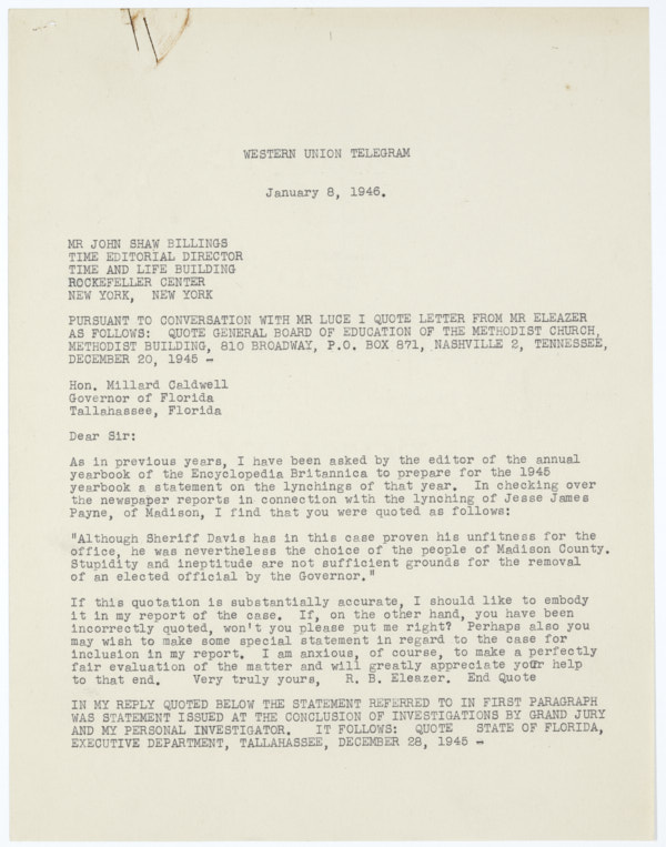 Telegram from Governor Millard Caldwell to John Shaw Billings Quoting Correspondence from R.B Eleazer, January 8, 1946