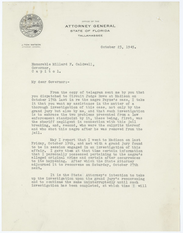 Letter from John Thomas Watson to Governor Millard Caldwell Regarding Lynching of Jesse James Payne, October 23, 1945