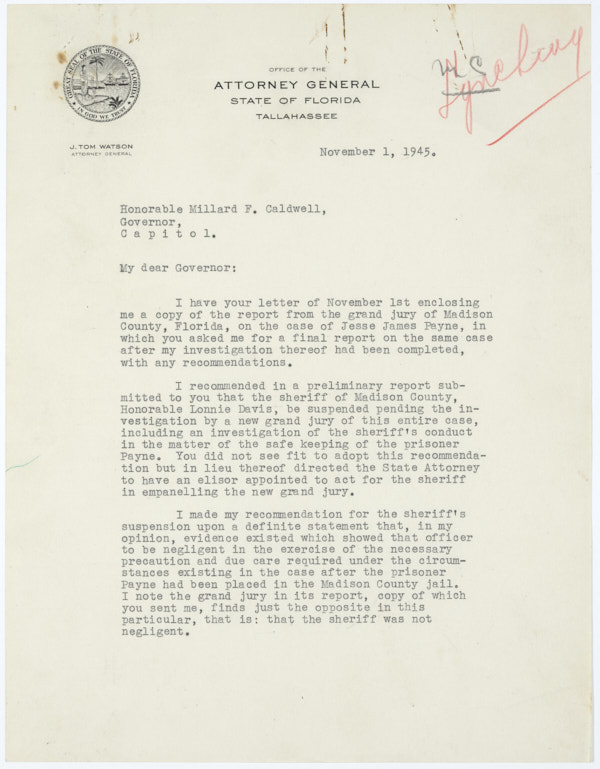 Letter from John Thomas Watson to Governor Millard Caldwell Regarding Lynching of Jesse James Payne, November 1, 1945
