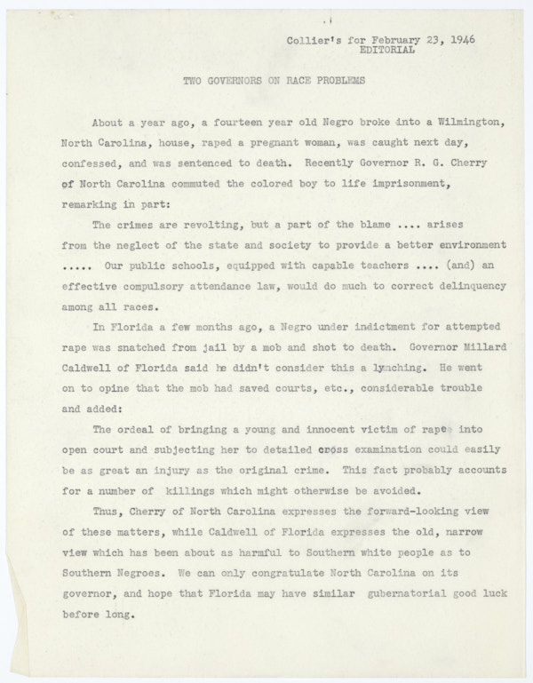Collier's Editorial, "Two Governors on Race Problems," February 23, 1946