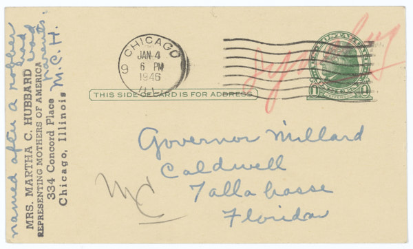 Postcard from Martha Hubbard to Governor Millard Caldwell Regarding Jesse James Payne, January 4, 1946