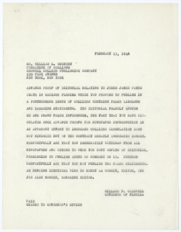 Letter from Governor Millard Caldwell to William Chenery Regarding Misquote in Collier's Magazine