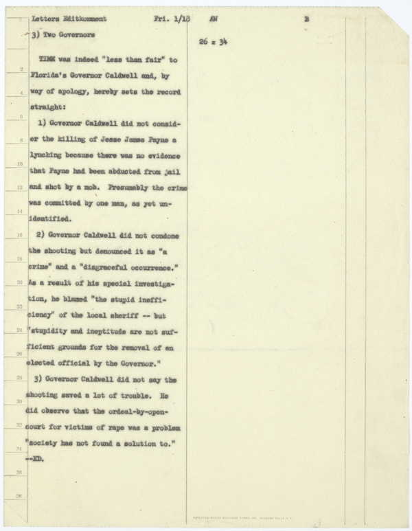Redaction and Apology from Time Magazine to Governor Millard Caldwell Regarding Misquote About Lynching of Jesse James Payne