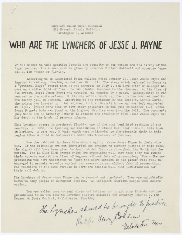 Memorandum from Louis E. Burnham Regarding the Lynching of Jesse James Payne, 1945?