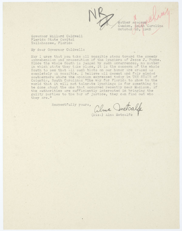 Letter Written by Alma Metcalfe to Governor Millard Caldwell Regarding the Lynching of Jesse James Payne, October 23, 1945