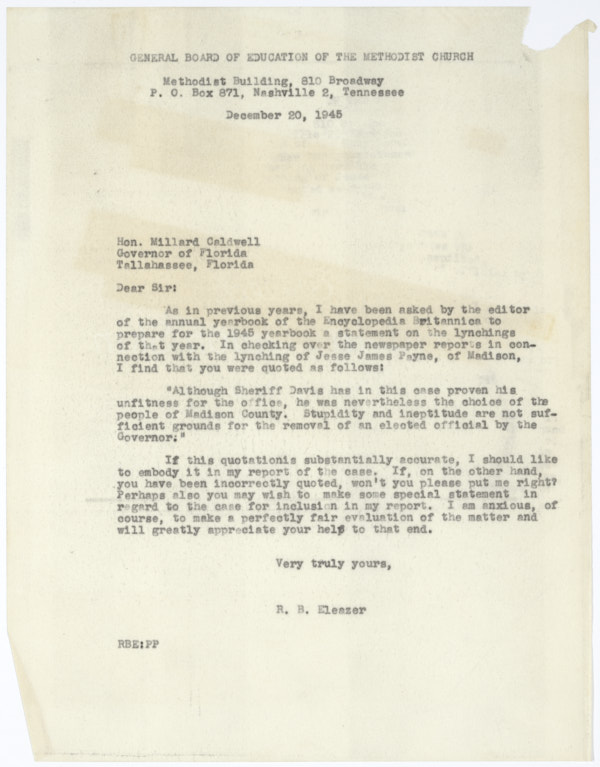 Letter Written by Robert Eleazer to Governor Millard Caldwell Regarding a Quote Concerning Jesse James Payne, December 20, 1945