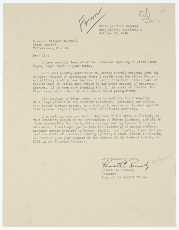 Letter from Kenneth C. Kennedy to Governor Millard Caldwell Regarding Lynching of Jesse James Payne, October 29, 1945
