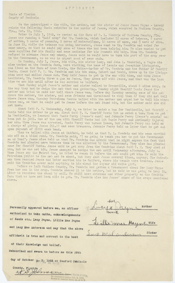 Affidavit Describing Events Leading to Murder of Jesse James Payne, October, 29, 1945
