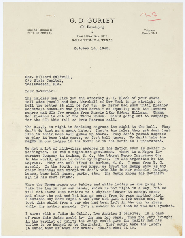 Letter from George Gurley to Governor Millard Caldwell Regarding Lynching of Jesse James Payne, October 14, 1945