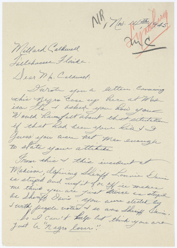 Letter from an Anonymous Writer Regarding the Lynching of Jesse James Payne, November 14, 1945