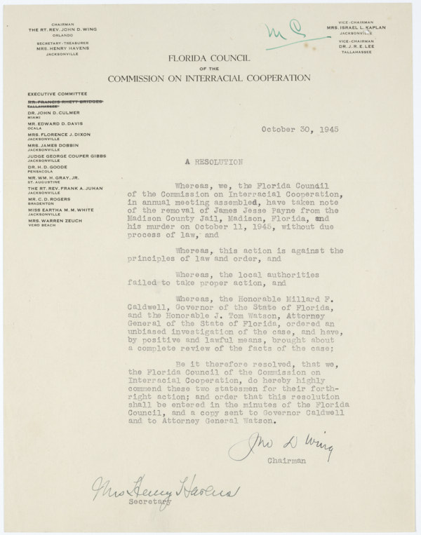 Letter from the Florida Council of the Commission on Interracial Cooperation Regarding the Lynching of Jesse James Payne, October 30, 1945