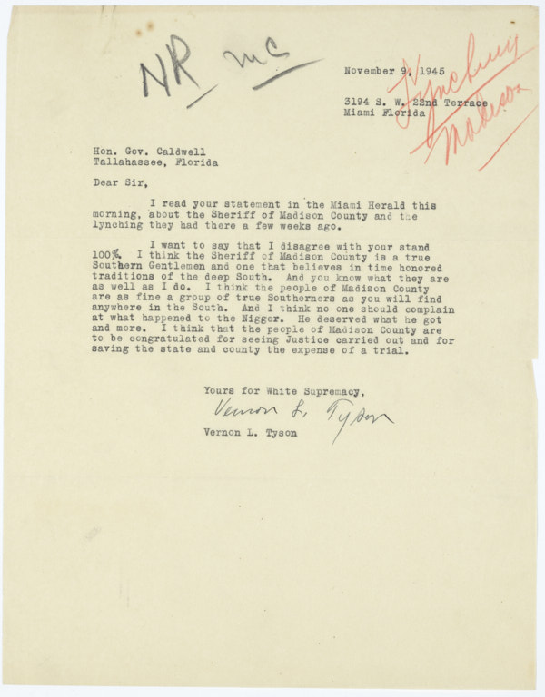 Letter from White Supremacist Vernon Tyson to Governor Millard Caldwell Regarding Lynching of Jesse James Payne, November 9, 1945