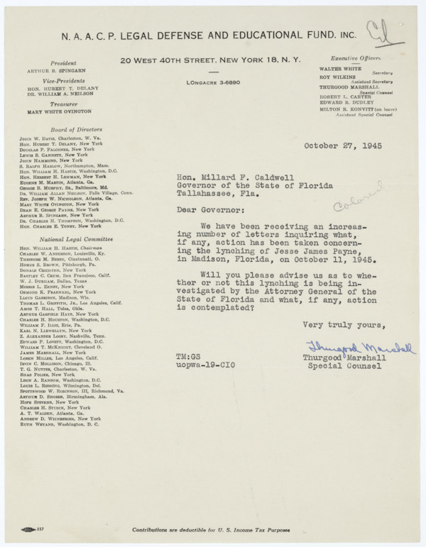 Letter from Thurgood Marshall to Governor Millard Caldwell Regarding Lynching of Jesse James Payne, October 27, 1945