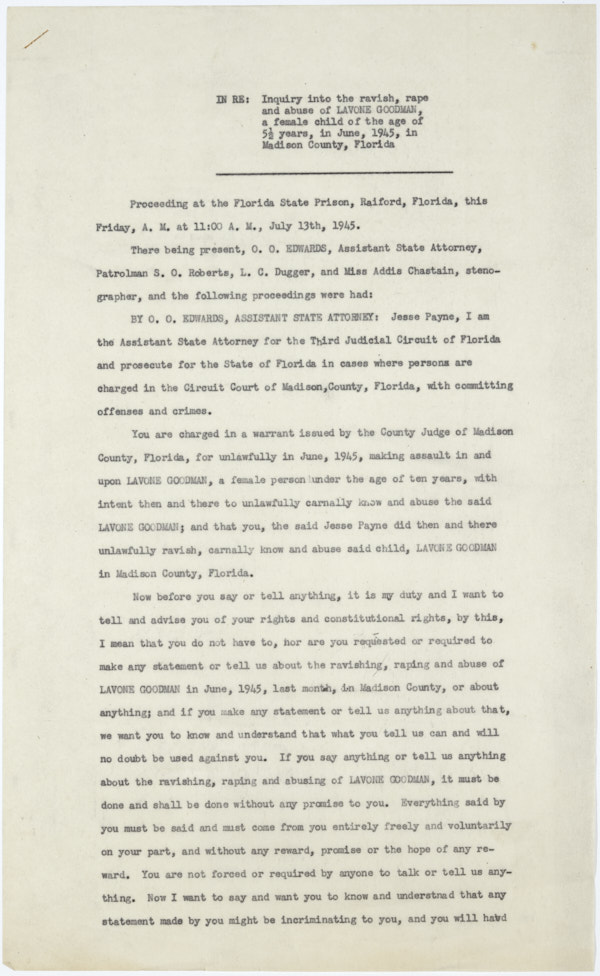 Proceeding at Florida State Prison Regarding Inquiry into Alleged Assault of Lavone Goodman by Jesse James Payne, July 13, 1945