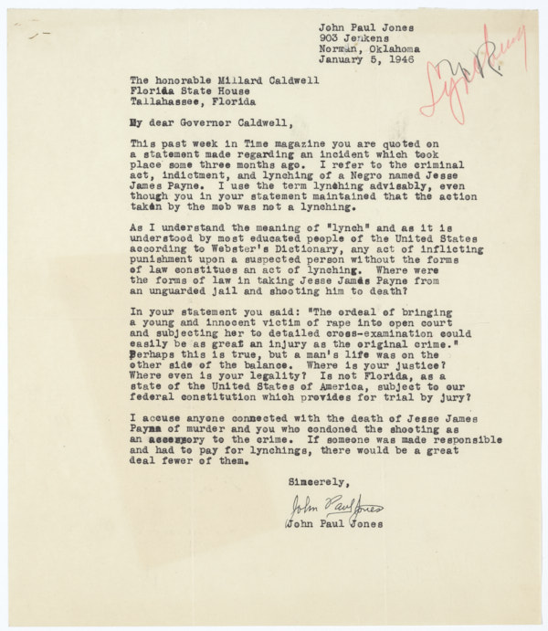 Letter from John Paul Jones to Governor Millard Caldwell Regarding the Lynching of Jesse James Payne, January 5, 1946