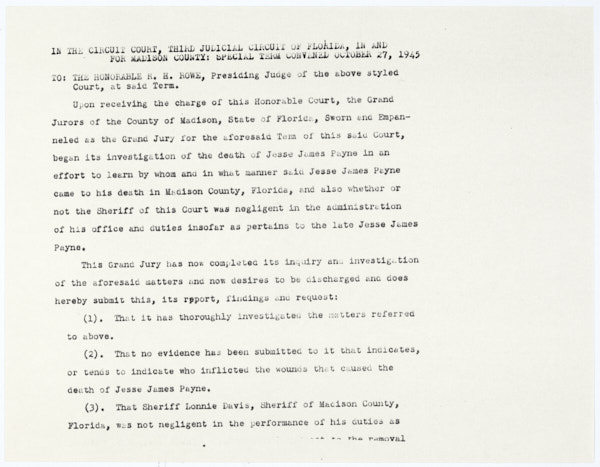 Fragment of a Report from the Special Grand Jury of Madison County to Judge R. H. Rowe Regarding Lynching of Jesse James Payne, October 27, 1945