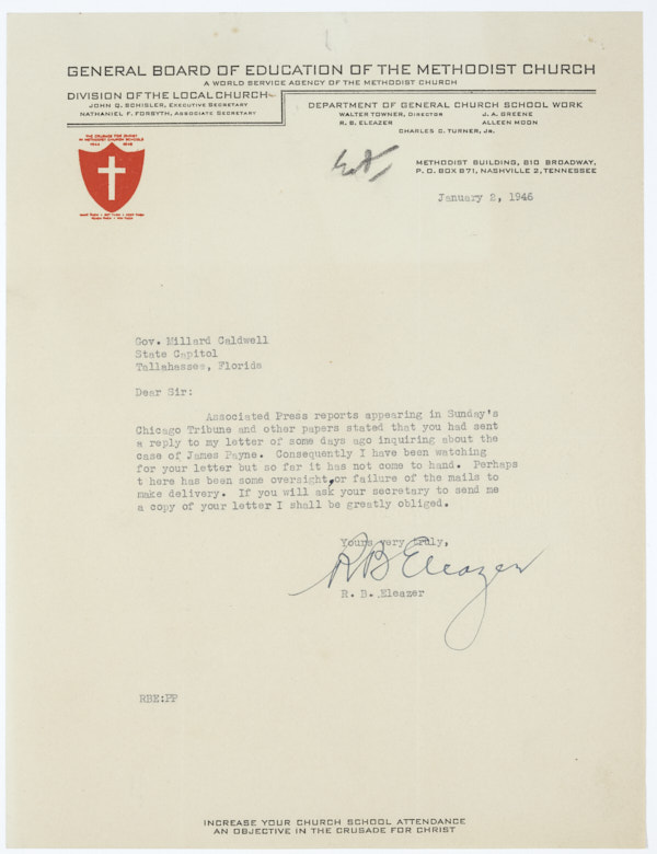 Letter from Robert Eleazer to Governor Millard Caldwell Regarding a Quote about Jesse James Payne's Death, January, 1946