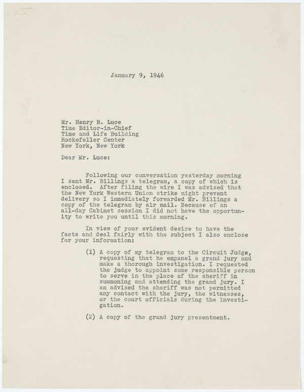 Letter from Governor Millard Caldwell to Henry Luce Regarding an Alleged Statement Caldwell Made about the Lynching of Jesse James Payne, January 9, 1946