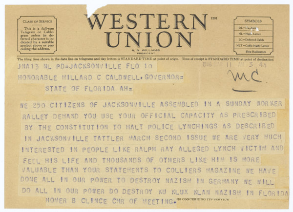 Correspondence between Governor Millard Caldwell and Joe Sears Regarding a Telegram sent by Homer B. Clince Concerning the Lynching of Jesse James Payne, March, 1946