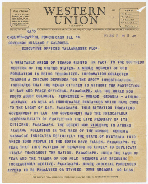 Correspondence between John H. Sengstacke and Governor Millard Caldwell Concerning Lynchings in Florida, August, 1946