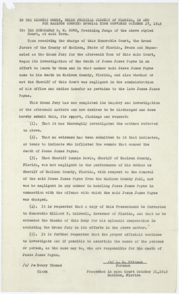 Report of the Grand Jury of Madison County into the Death of Jesse James Payne, October 31, 1945