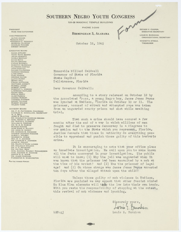 Letter from Louis E. Burnham to Governor Millard Caldwell Regarding Lynching of Jesse James Payne, October 15, 1945