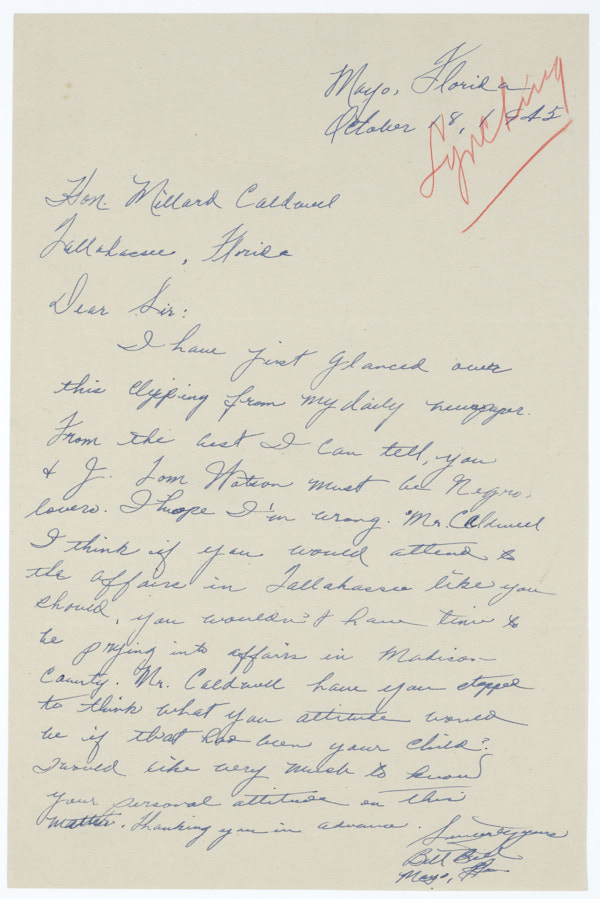Letter from Bill Bell to Governor Millard Caldwell Regarding Lynching of Jesse James Payne, October 18, 1945