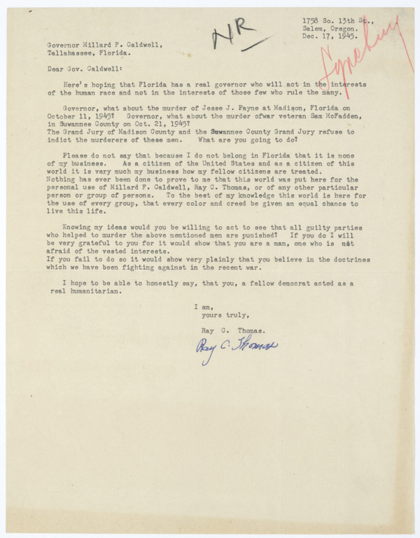 Letter from Ray C. Thomas to Governor Millard Caldwell Regarding Lynching of Jesse James Payne, December 17, 1945
