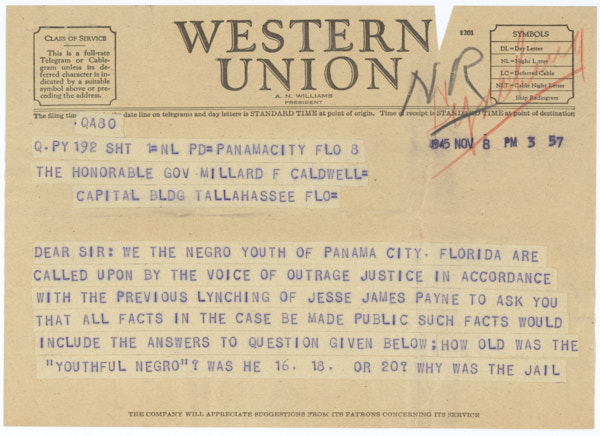 Telegram from Otis Charles Gooden to Governor Millard Caldwell Regarding the Lynching of Jesse James Payne, November 8, 1945