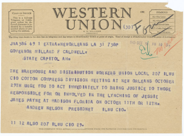Telegram from Andrew Nelson to Governor Millard Caldwell Regarding the Lynching of Jesse James Payne, October 31, 1945