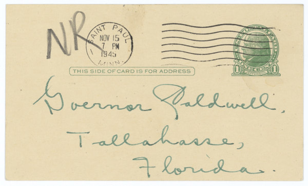 Postcard from John J. Kryzak to Governor Millard Caldwell Regarding Lynching, November 15, 1945