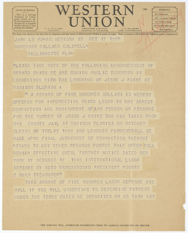 Telegram from Vito Marcantonio to Governor Millard Caldwell Regarding Lynching of Jesse James Payne, October, 17, 1945