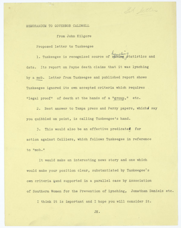 Memorandum from John Kilgore to Governor Millard Caldwell for Proposed Letter to Tuskegee Institute