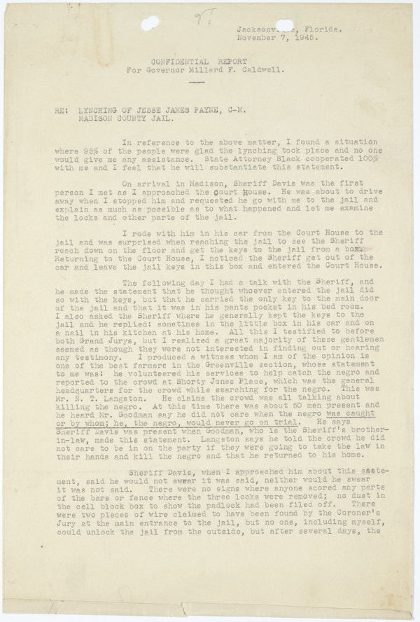 Report Concerning the Lynching of Jesse James Payne and Madison County, November 7, 1945