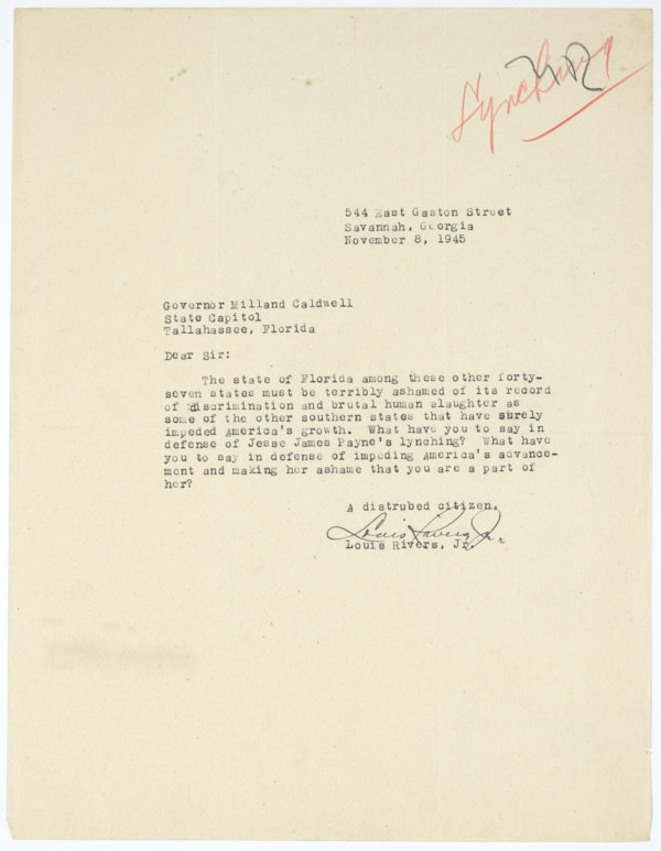 Letter from Louis Rivers, Jr. to Governor Millard Caldwell Regarding Lynching of Jesse James Payne, November 8, 1945