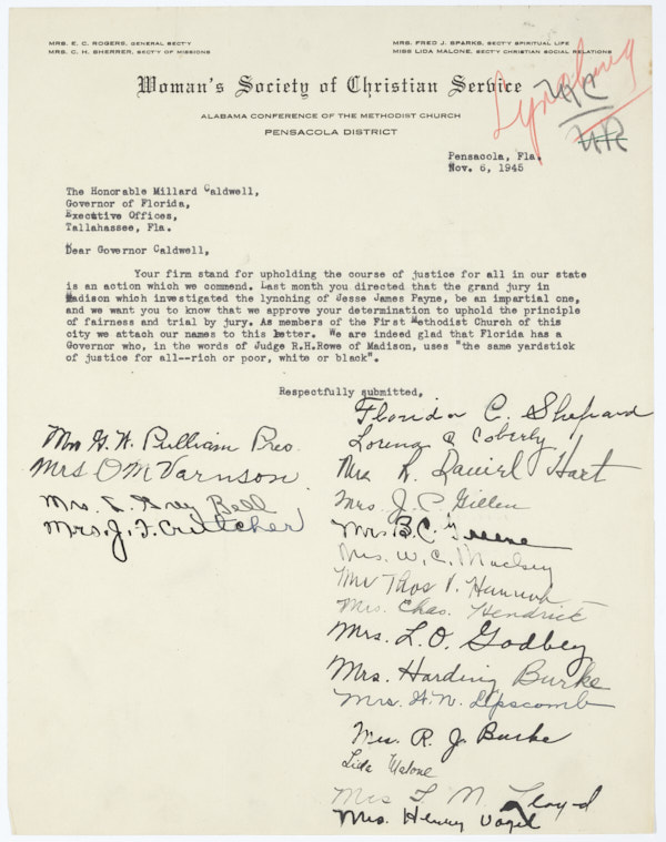Letter from the Women's Society of Christian Service to Governor Millard Caldwell Concerning the Lynching of Jesse James Payne, November 6, 1946